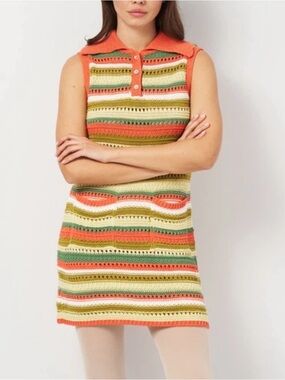 Sleeveless Crochet Stripe Polo Dress in Coral, Olive & Cream